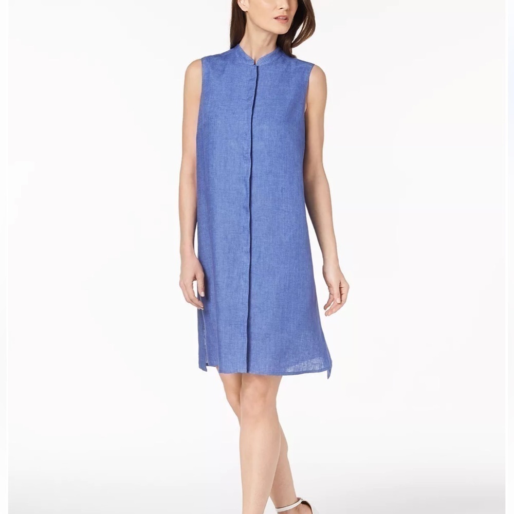 Anne Klein 100% Linen Chambray Sleeveless Mandarin Collar swing Dress Size Small